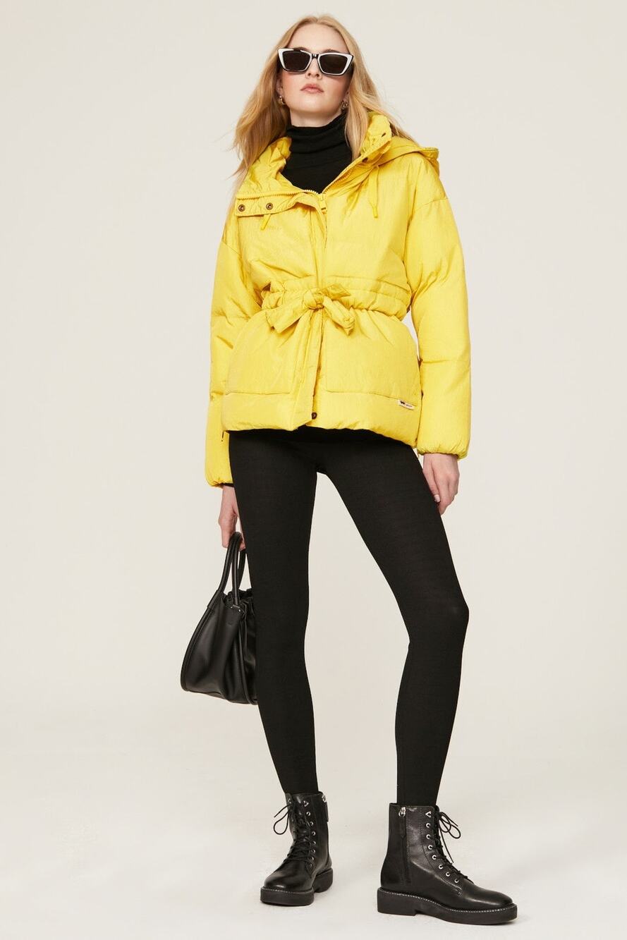 OOF Neon Yellow Nylon 100% Polyester High Neck Tie Front Puffer Coat size 40